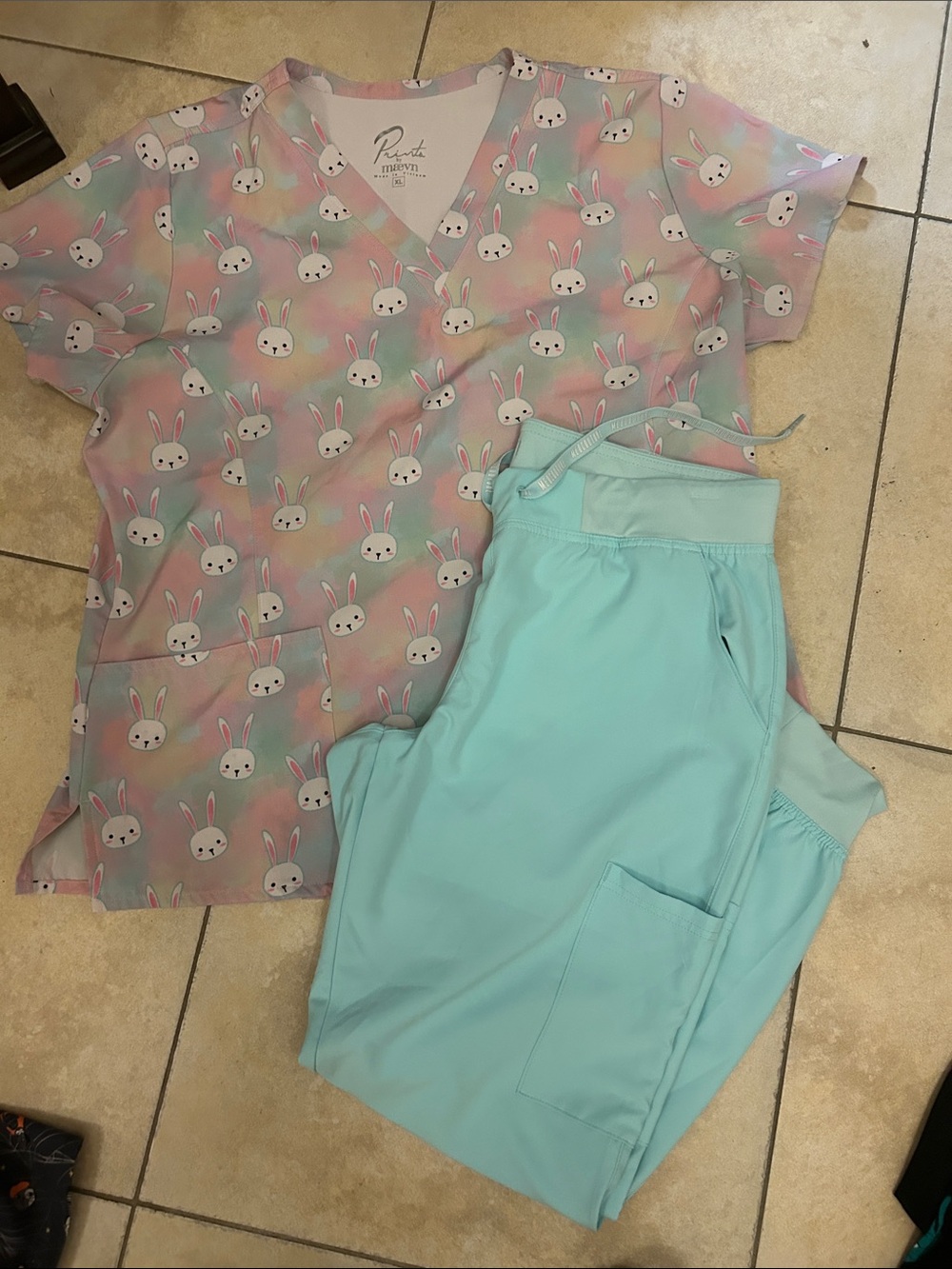Pink Pastel Bunny Print Scrub Top with Mint Green Scrub Pants + flamingo top